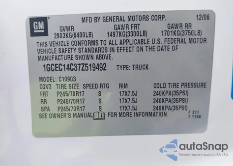 2007 Chevrolet Silverado 1500 Work Truck из США, поврежденный, VIN 1GCEC14C37Z519492